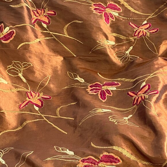 Rare Vintage Queen Wine Burgundy Gold Braid Lily Brown Silk Microsuede Coverlet - Picture 7 of 16